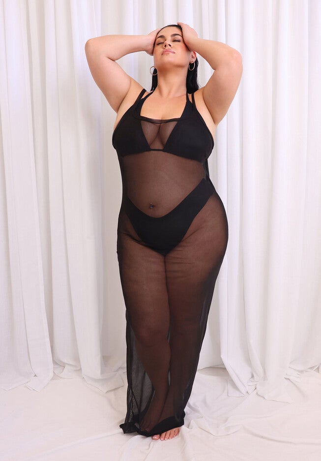 Lilli Sheer Mesh Maxi Slip Dress, Black / Black, alternate image number 1
