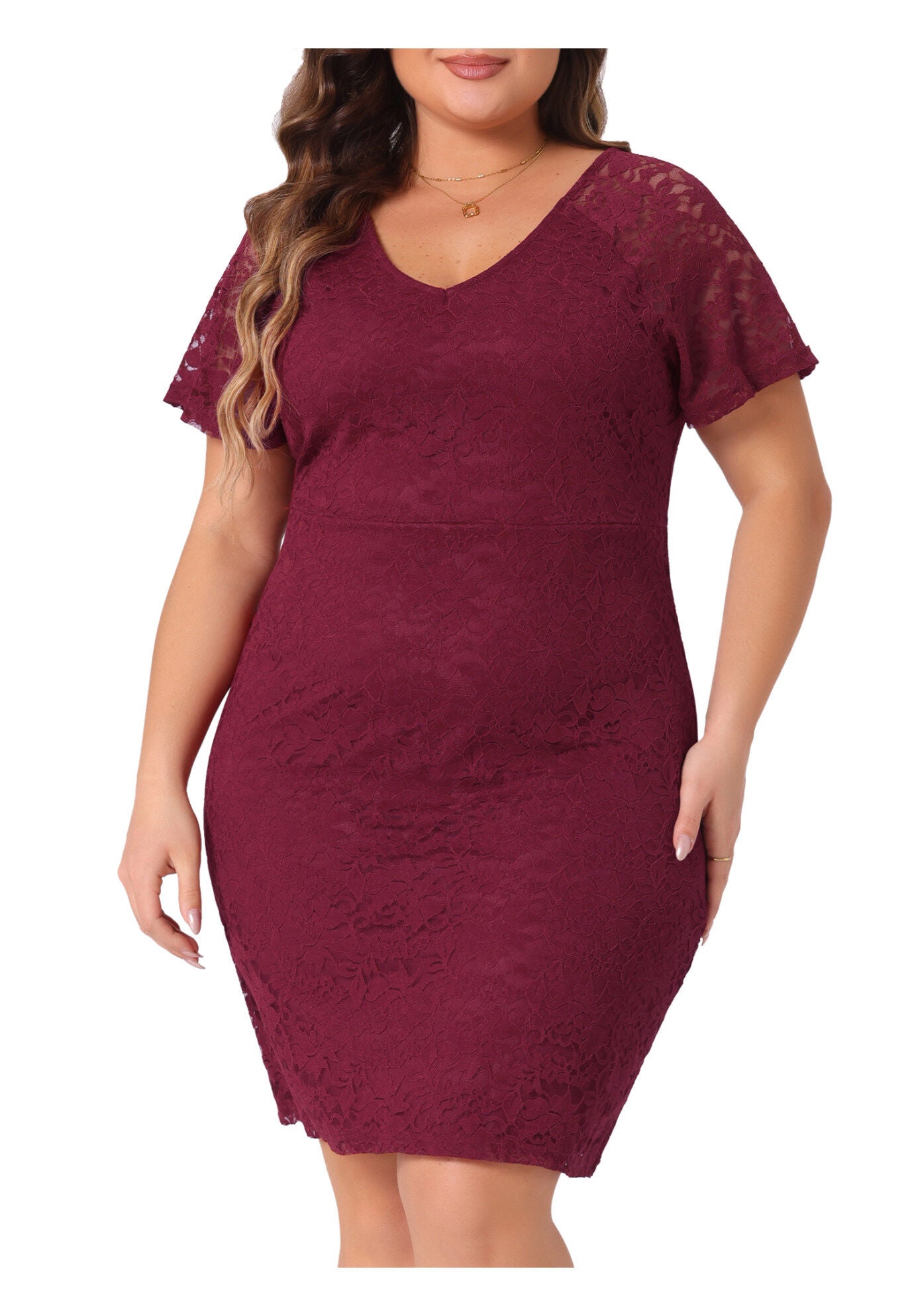 V NECK SHORT SLEEVE COCKTAIL WEDDING GUEST BODYCON LACE PENCIL DRESS, Burgundy / Red, alternate image number 2
