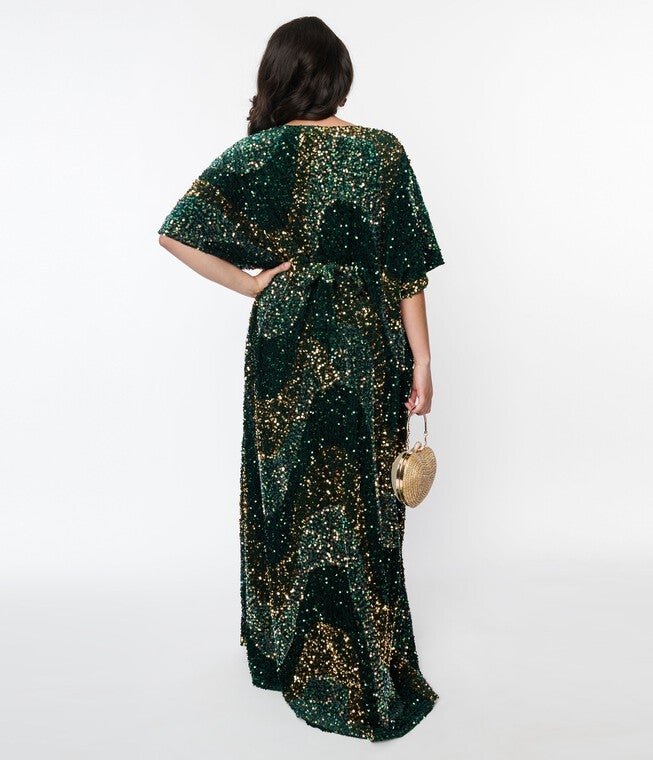 Unique Vintage Emerald & Gold Sequin Burton Caftan Dress, Green Gold Sequin / Forest Green, alternate image number 2