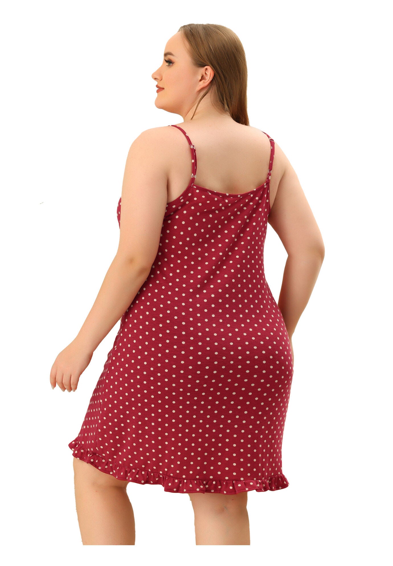 Sleeveless Polka Dots Ruffle Hem Cami Sleepwear Dress, Burgundy / Burgundy, alternate image number 3