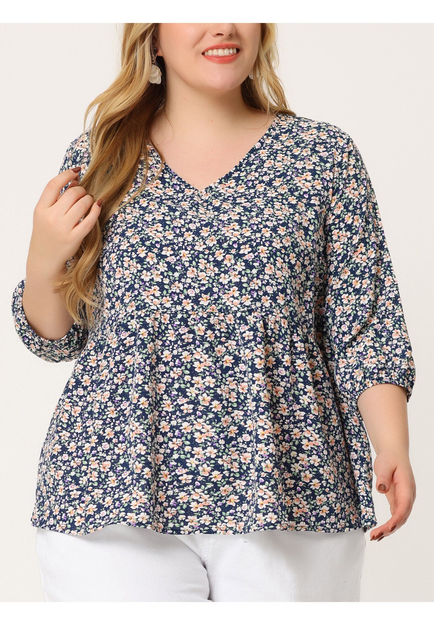 V Neck Babydoll Flowy 3/4 Lantern Sleeve Floral Blouse, Navy Blue / Navy, alternate image number 1