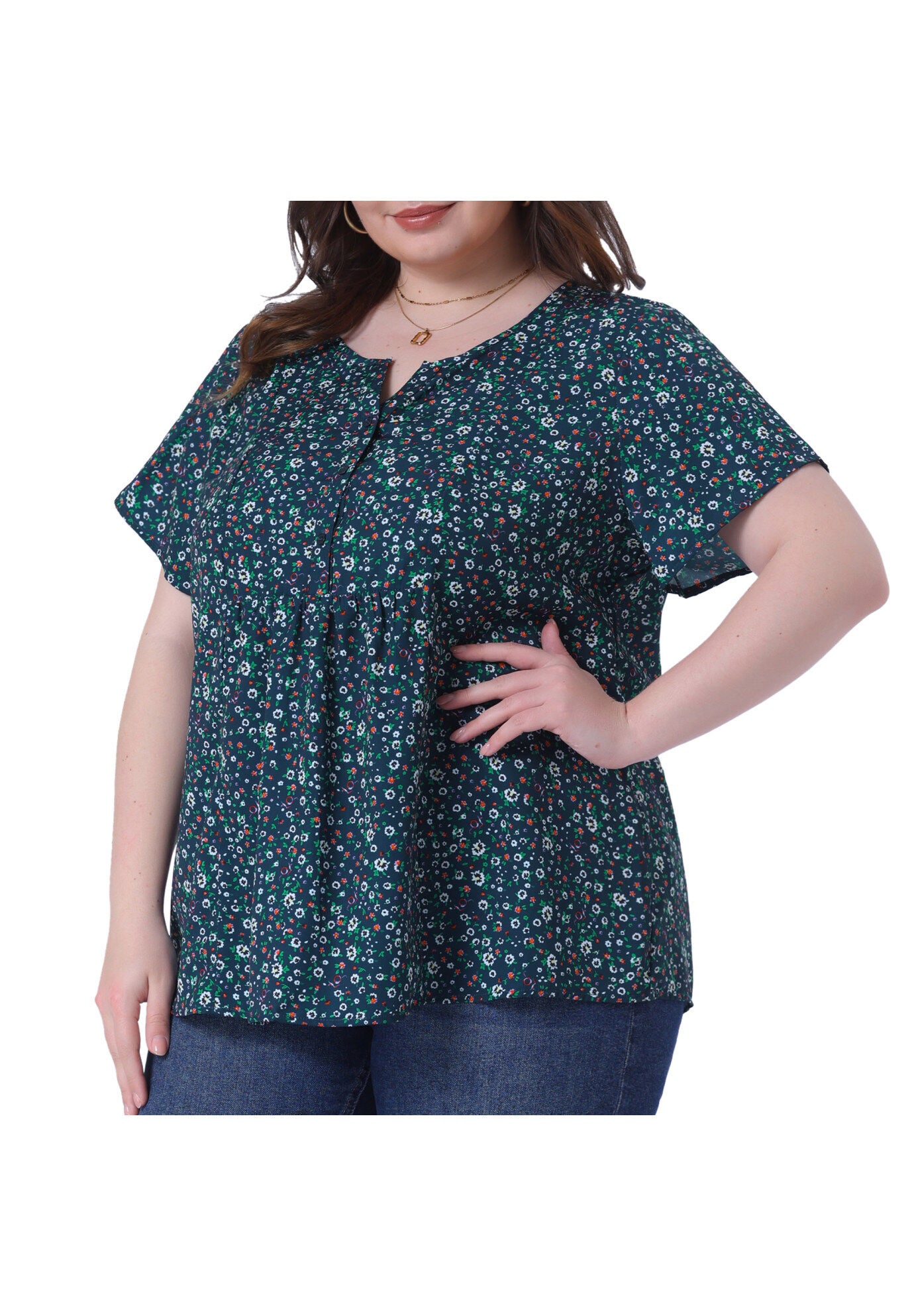 Summer Top Floral Half Placket Short Sleeve Casual Blouse, Dark Blue / Navy, alternate image number 1