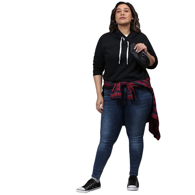 Solid Stylish Casual Hooded Sweatshirt, Black / Black, alternate image number null