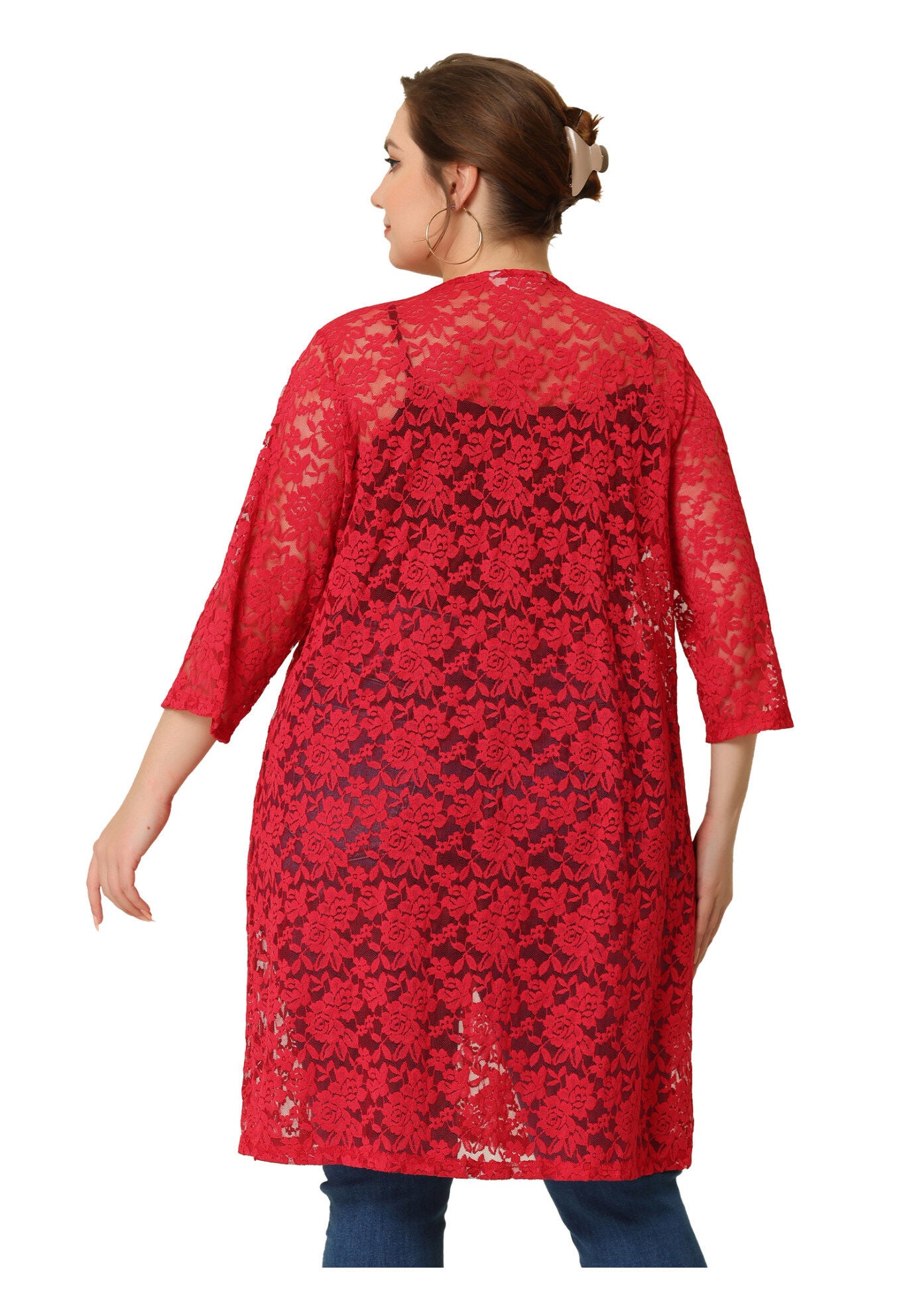 LACE CROCHET 3/4 SLEEVE COVER UP CARDIGAN, Red / Red, alternate image number 3