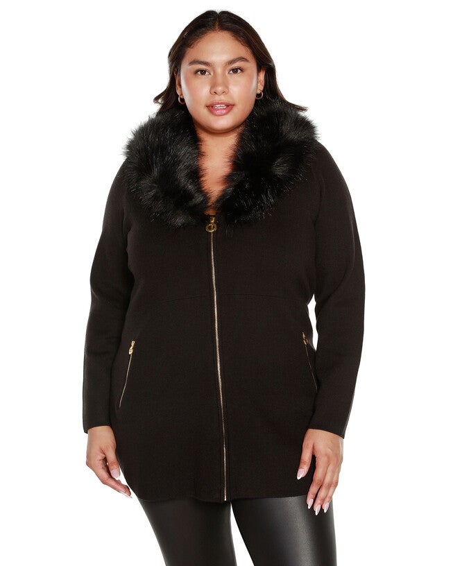 FAUX FUR COLLAR CARDIGAN, Black / Black, hi-res image number 0