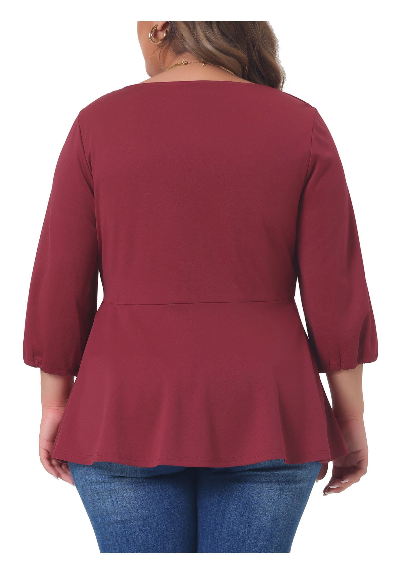 SWEETHEART V NECK ELBOW SLEEVE FRONT RUCHED PEPLUM BLOUSE, Burgundy / Red, alternate image number 3