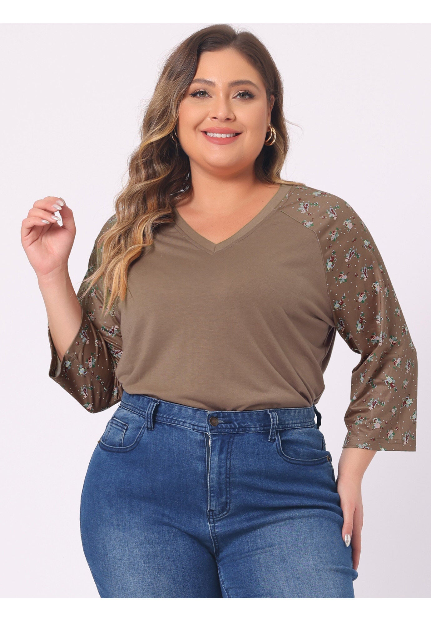 Casual V Neck 3/4 Sleeve Floral Raglan Top, Brown / Brown, alternate image number 1