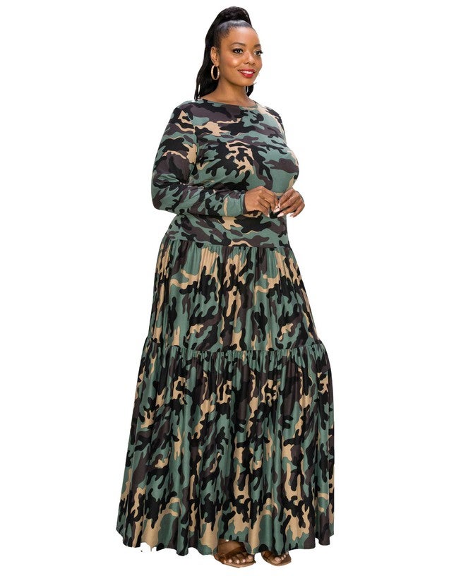 SILVESTRA CAMO TIERED MAXI DRESS, Olive Taupe / Forest Green, alternate image number null