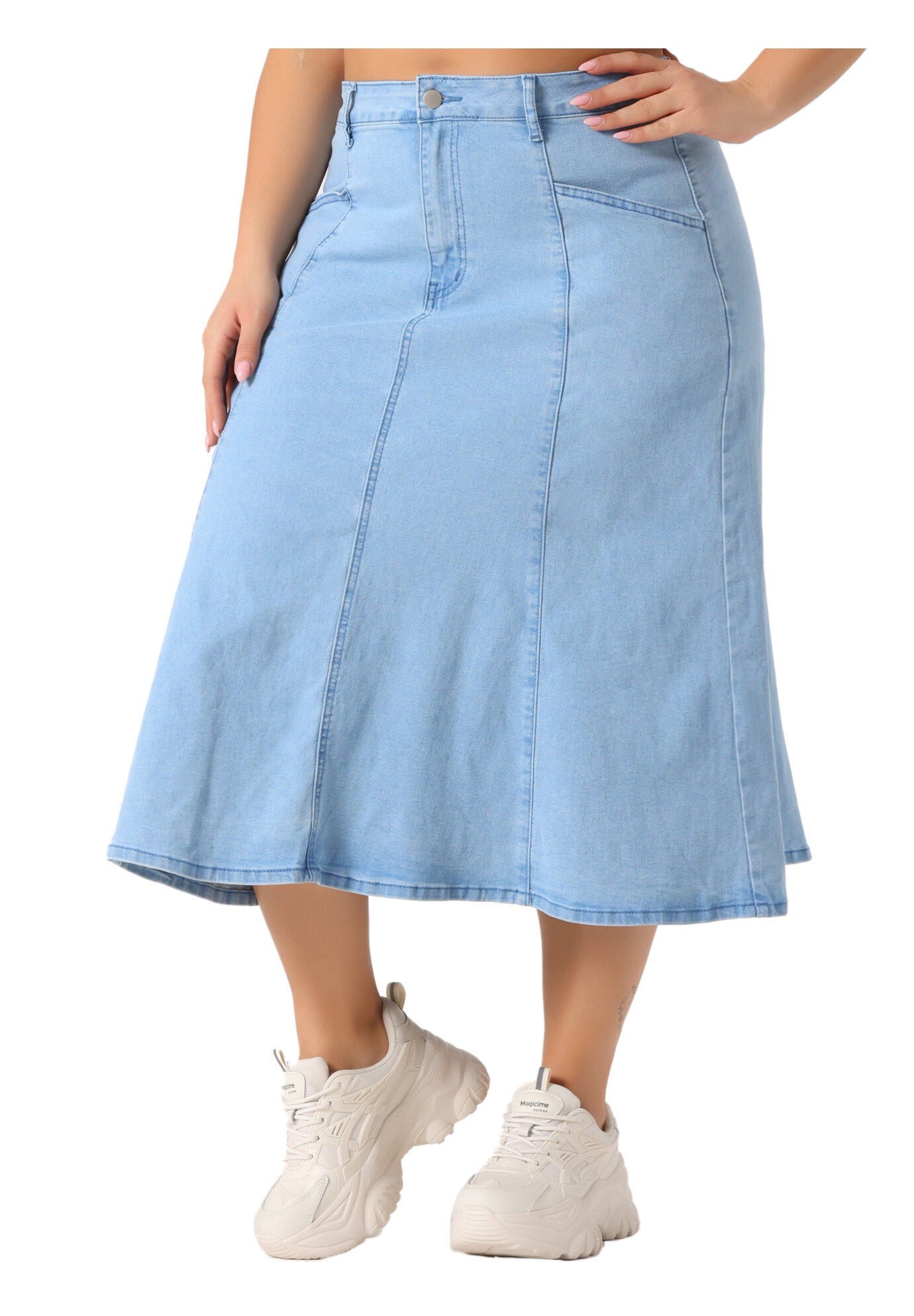 Denim Vintage High Waist with Pockets A-Line Midi Jean Skirt, Light Blue / Light Blue, alternate image number 2
