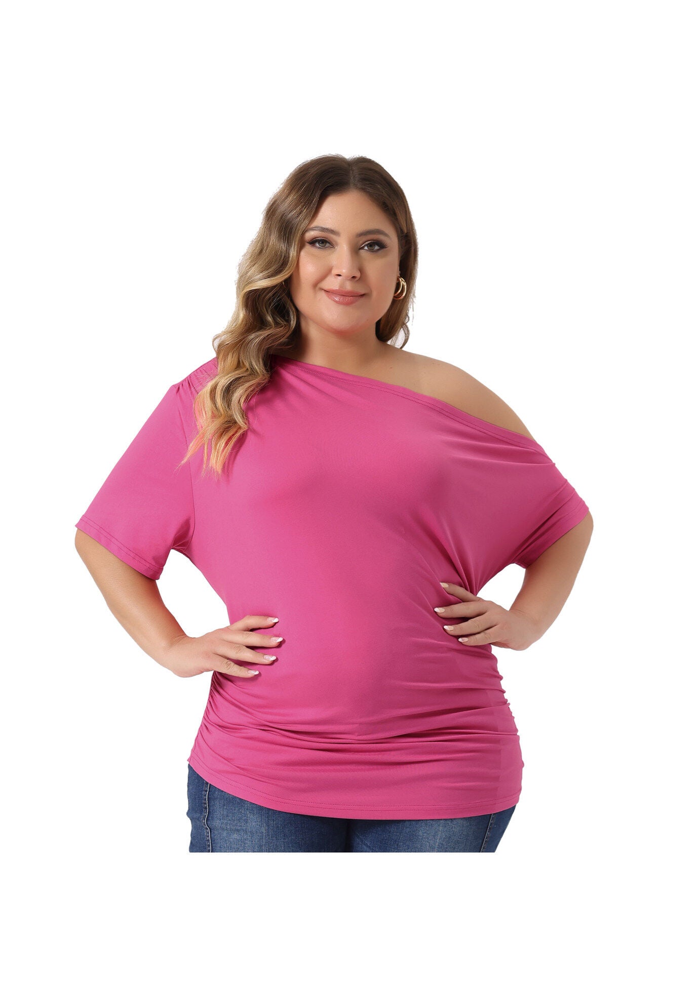 ONE SHOULDER SHORT SLEEVE RUCHED TOP, Hot Pink / Pink, alternate image number 1