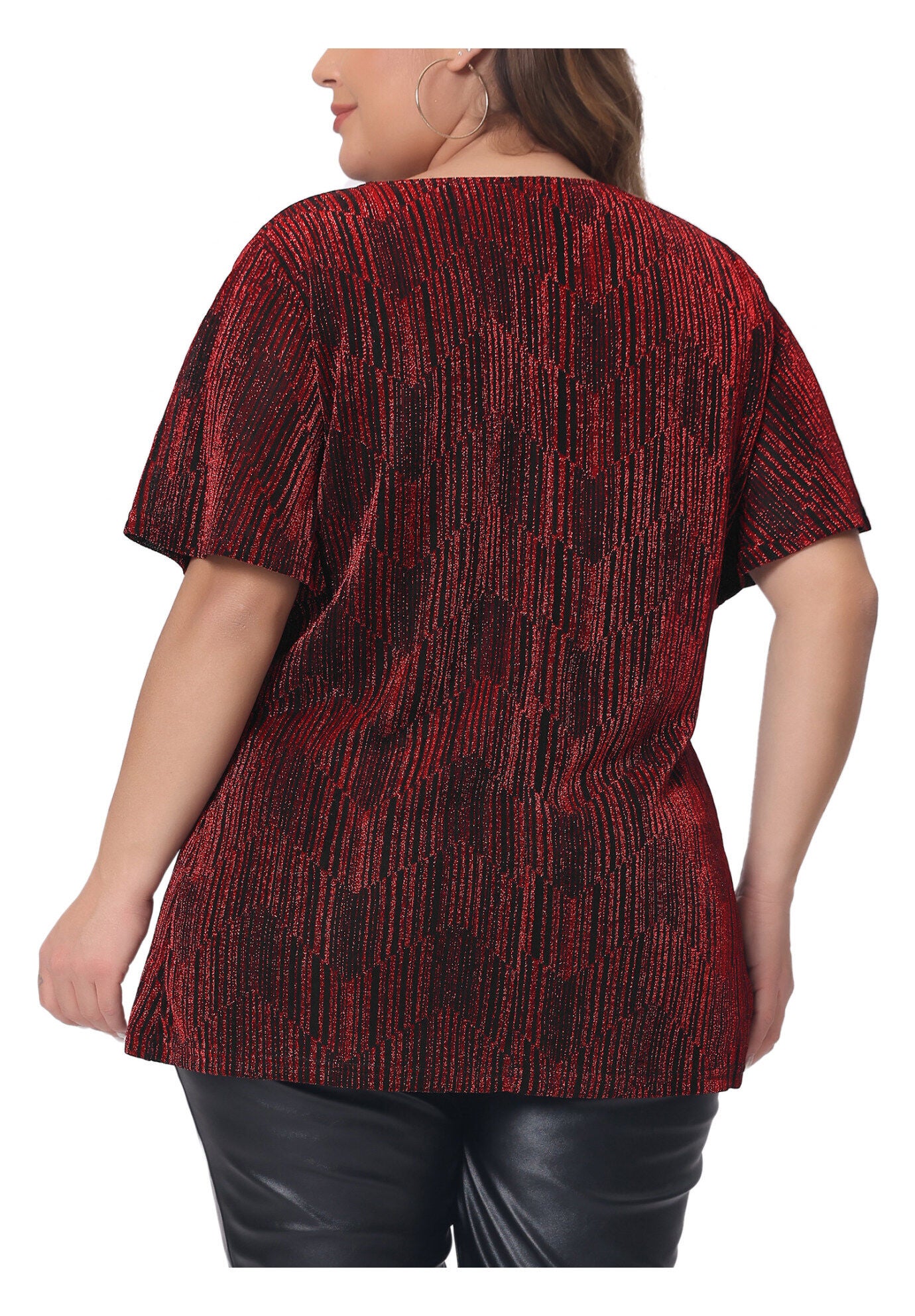 V Neck Metallic Short Sleeve Party Blouse Tee Top, Burgundy / Burgundy, alternate image number 3