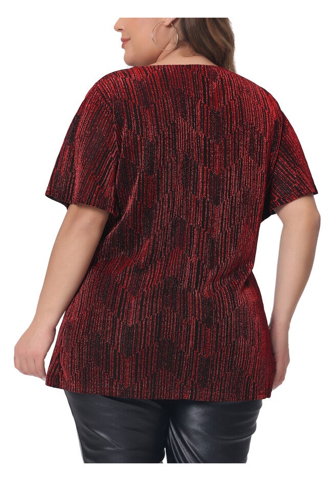 V Neck Metallic Short Sleeve Party Blouse Tee Top, Burgundy / Burgundy, alternate image number 3