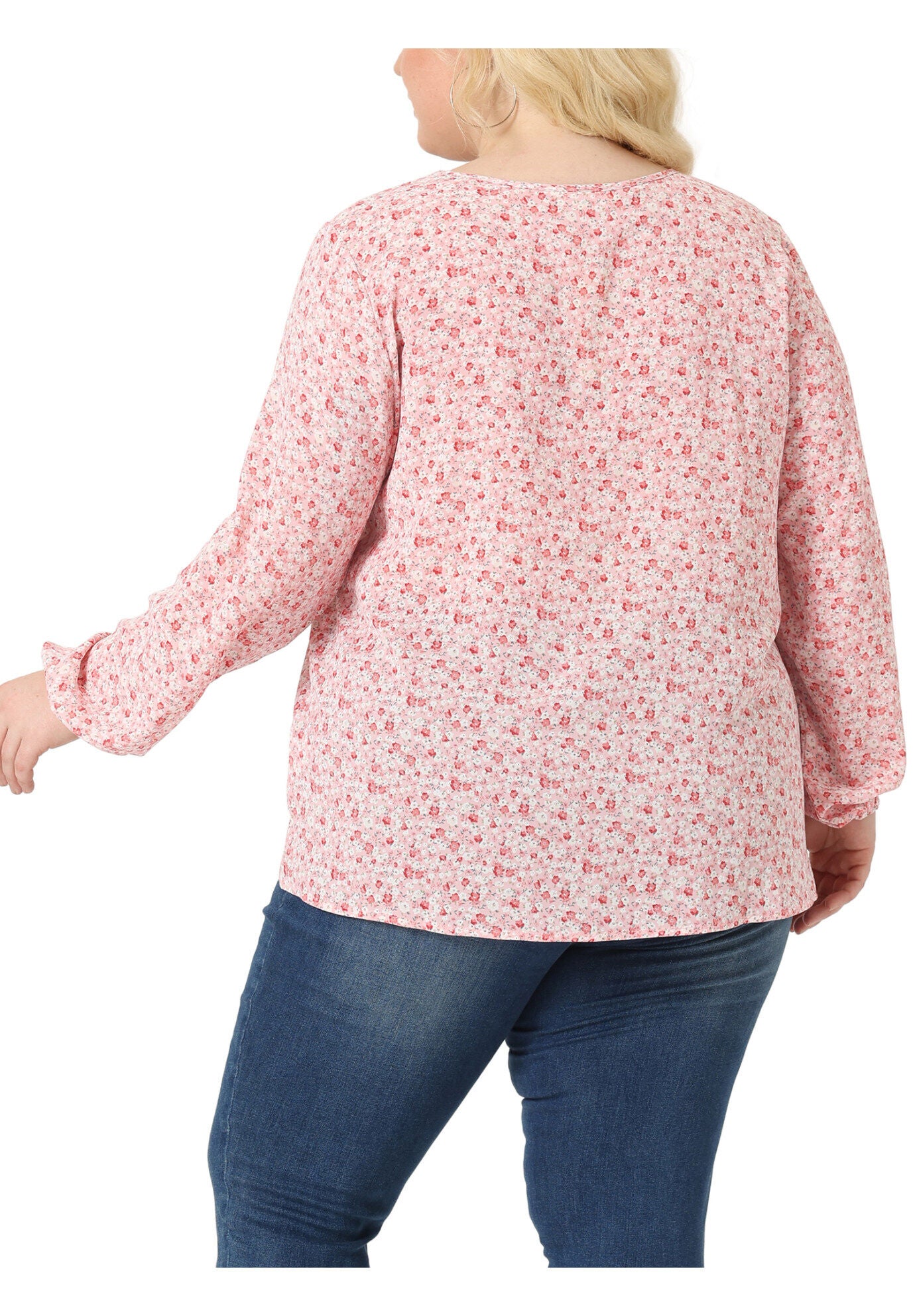 Chiffon Long Sleeve Keyhole Blouse Floral Top, Pink / Pink, alternate image number 3