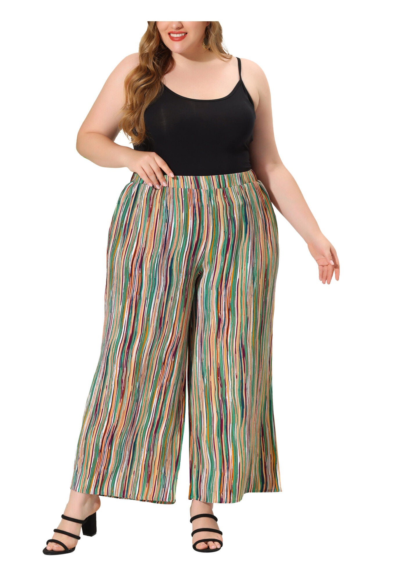 STRIPE BOHO WIDE LEG PAPER BAG PALAZZO PANTS, Green / Light Green, alternate image number 1