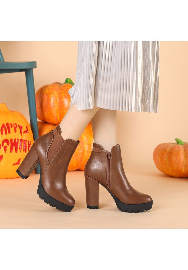 CHUNKY HIGH HEEL PLATFORM ANKLE BOOTIES, Brown / Brown, alternate image number 1