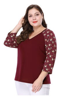 Casual V Neck 3/4 Sleeve Floral Raglan Top