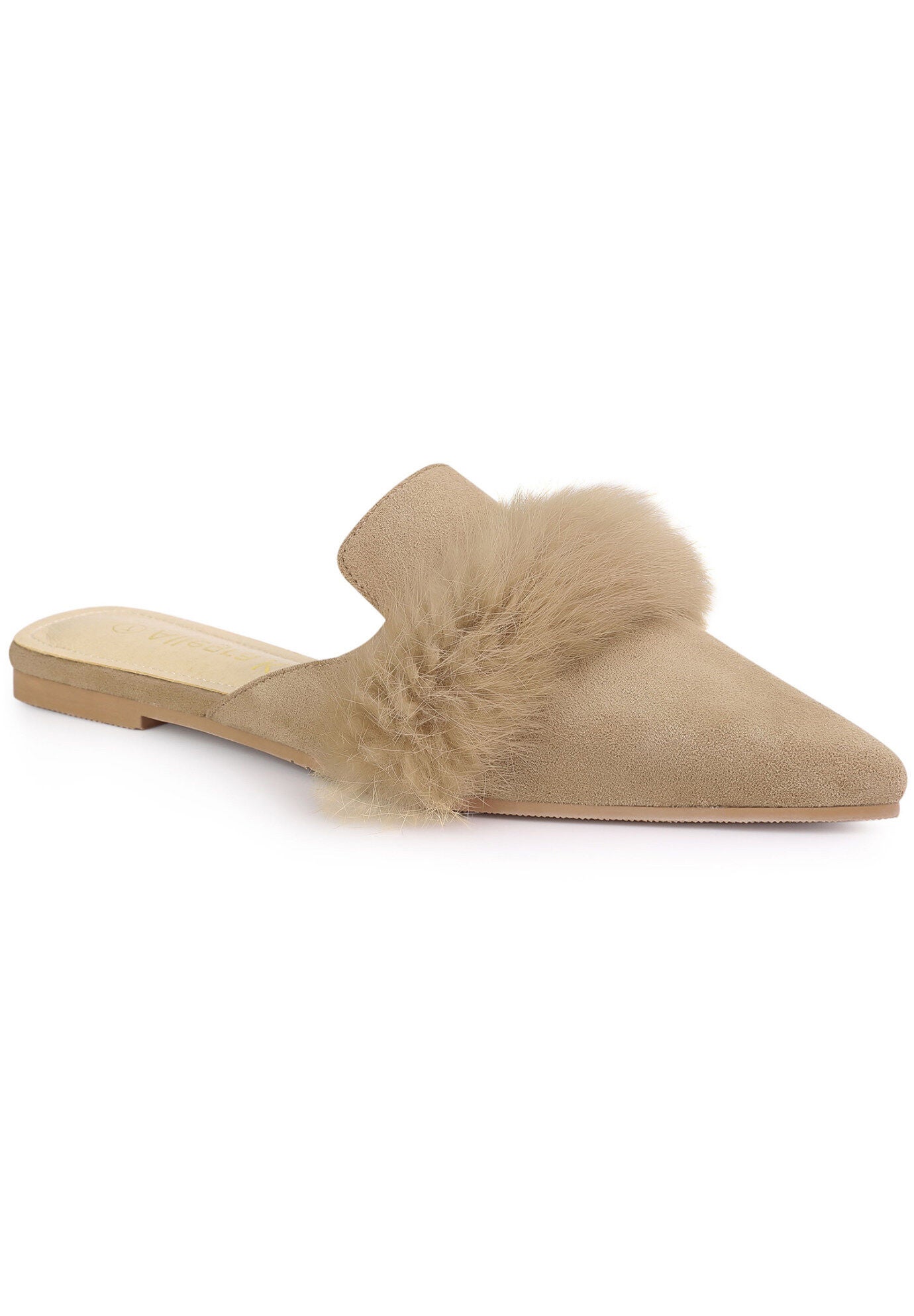 Pointed Toe Faux Fur Slip on Flat Slide Mules, Beige / Beige, hi-res image number 0