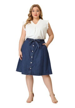 TIE WAIST A-LINE MIDI JEANS DENIM SKIRT