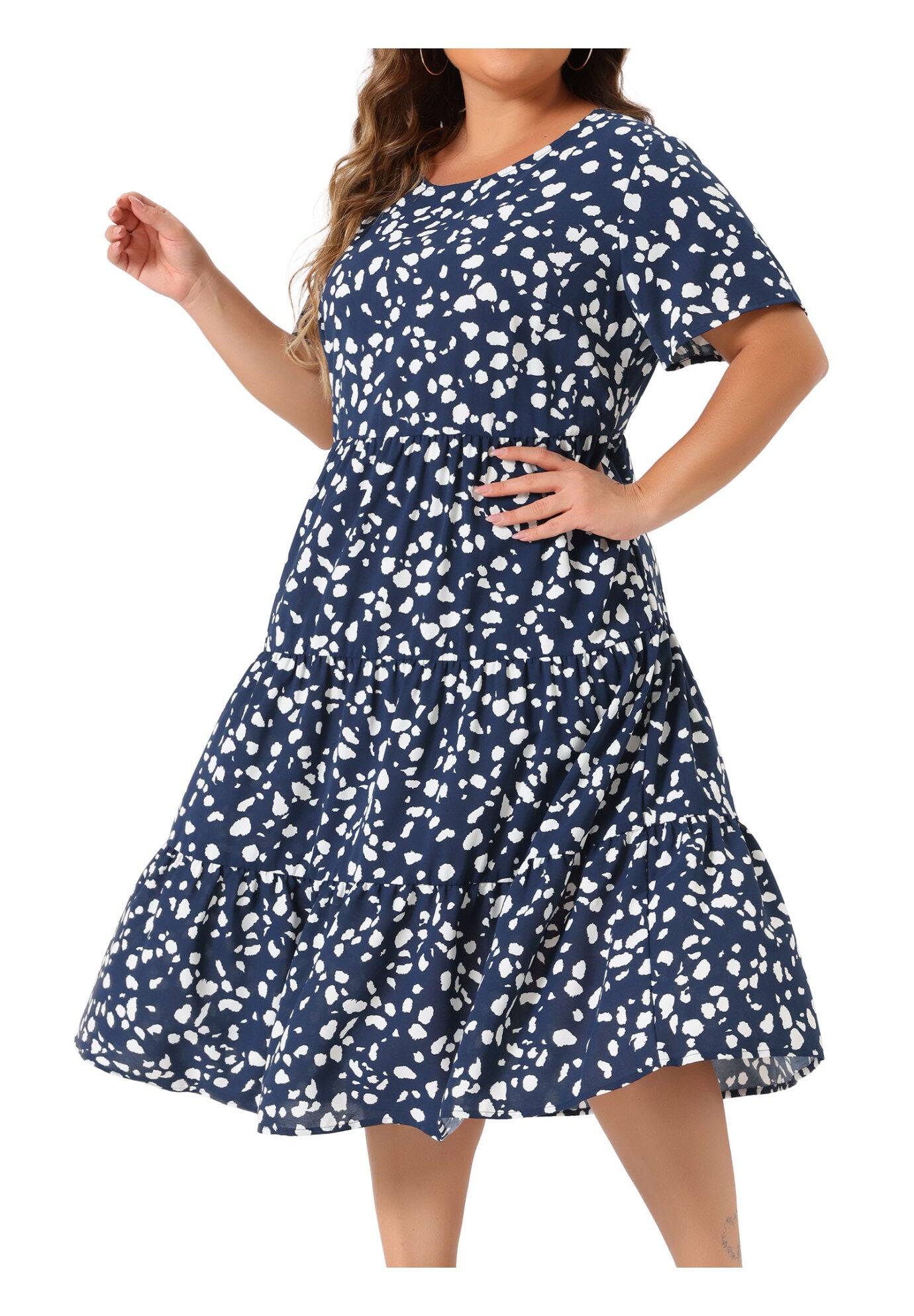 Polka Dots Short Sleeve Midi Layered Dress, Dark Blue / Navy, alternate image number 1