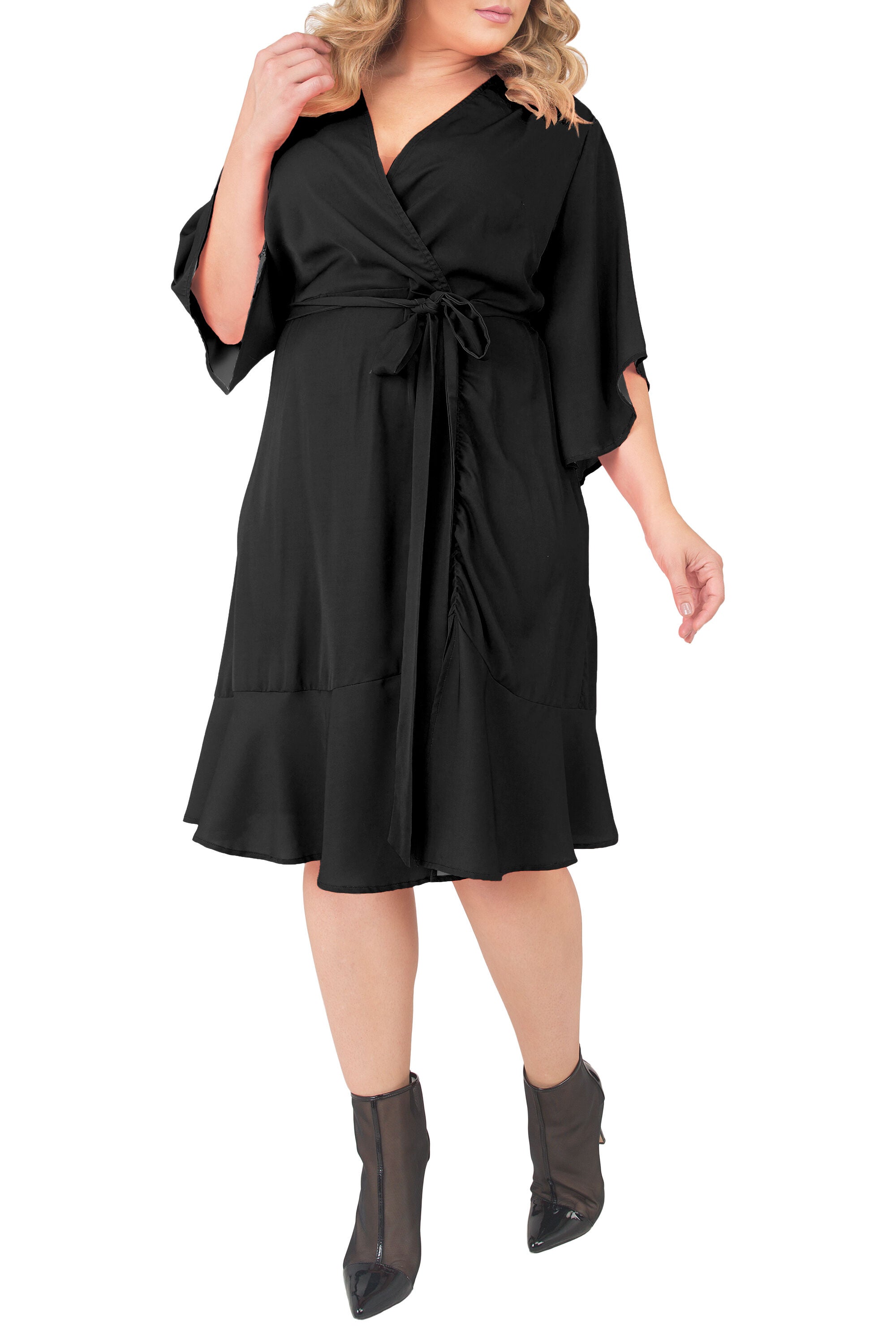 Plus Size Serena Kimono Sleeve Ruffled Knee Length Wrap Dress, Black / Black, alternate image number 3