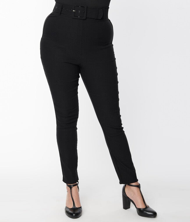Unique Vintage Black Belted Rizzo Cigarette Pants, Black / Black, alternate image number null