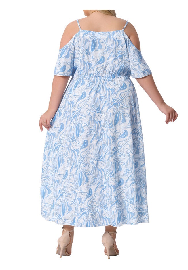Floral Cold Shoulder Short Sleeve Asymmetrical Ruffle Maxi Dress with Pocket, Light Blue / Light Blue, alternate image number 3