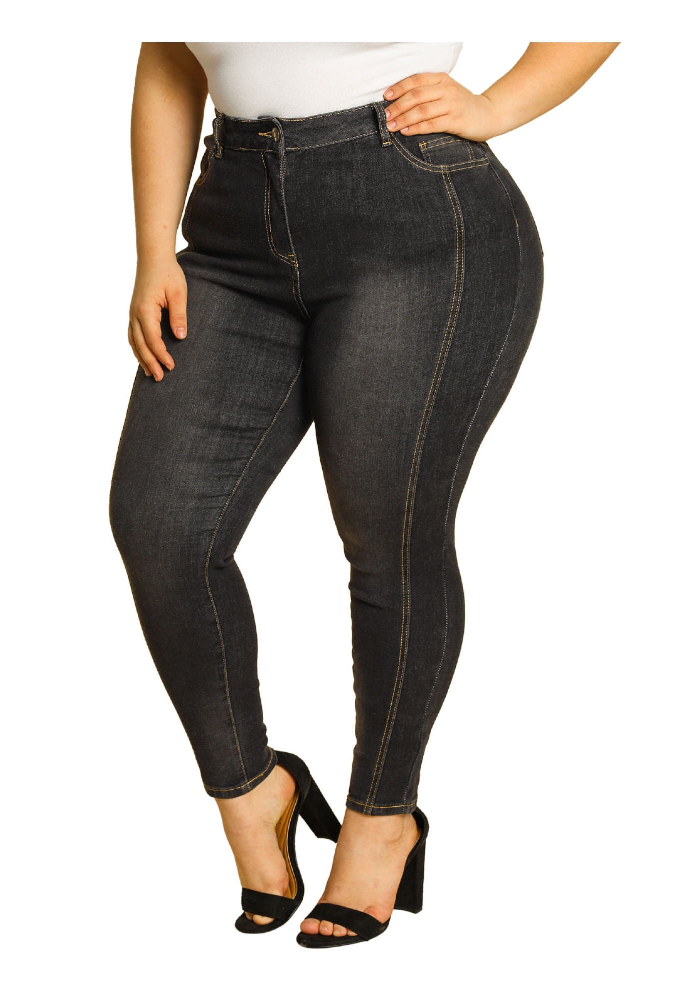 MID RISE STRETCH WASHED SKINNY JEANS DENIM JEGGINGS, Black / Black, hi-res image number 0