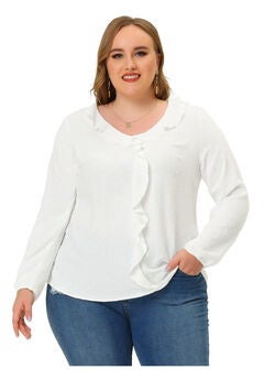 Swiss Dot Top Lantern Sleeve V Neck Casual Work Shirt Ruffle Blouse