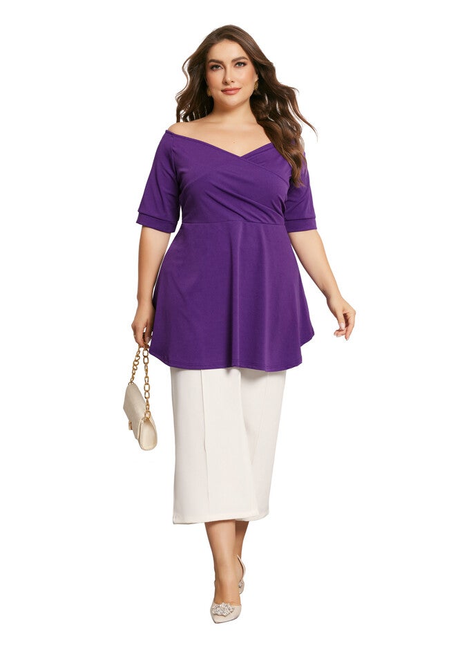 V NECK SHORT SLEEVE RUCHED PEPLUM BLOUSE TOP, Purple / Purple, hi-res image number 0