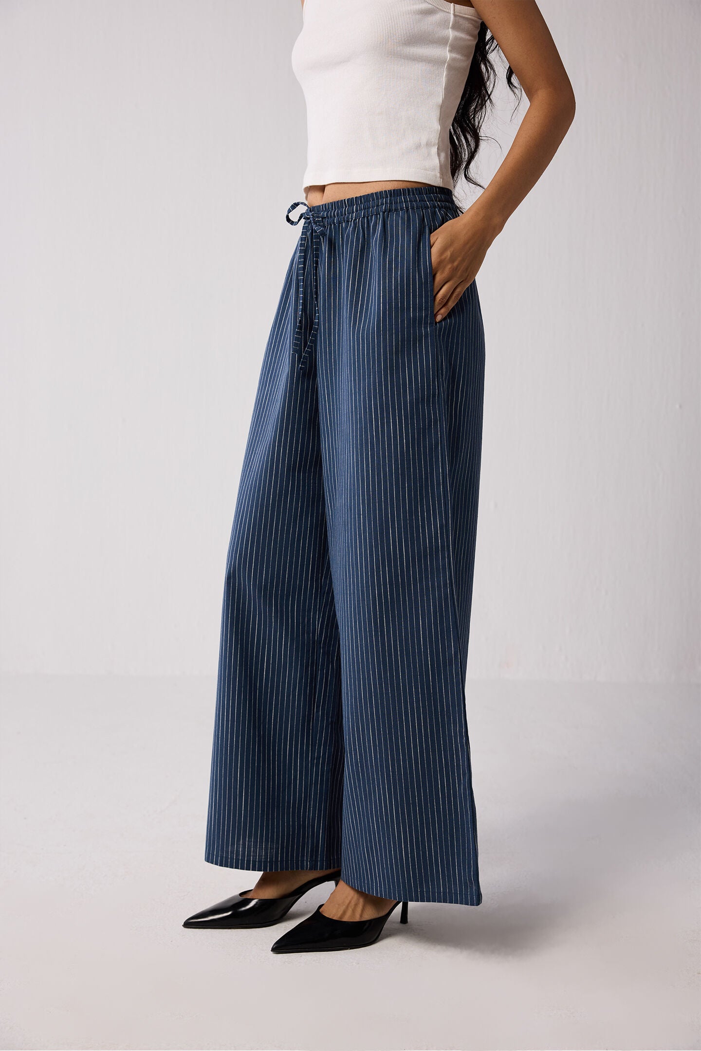 Wide-leg Drawstring Pants with Navy and White Stripes in Blue, Twilight Tracks / Navy, alternate image number 2
