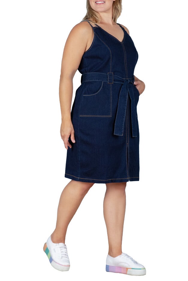 Gianna Women's Denim Front Slit Double Strap Casual Midi Dress, , alternate image number 7