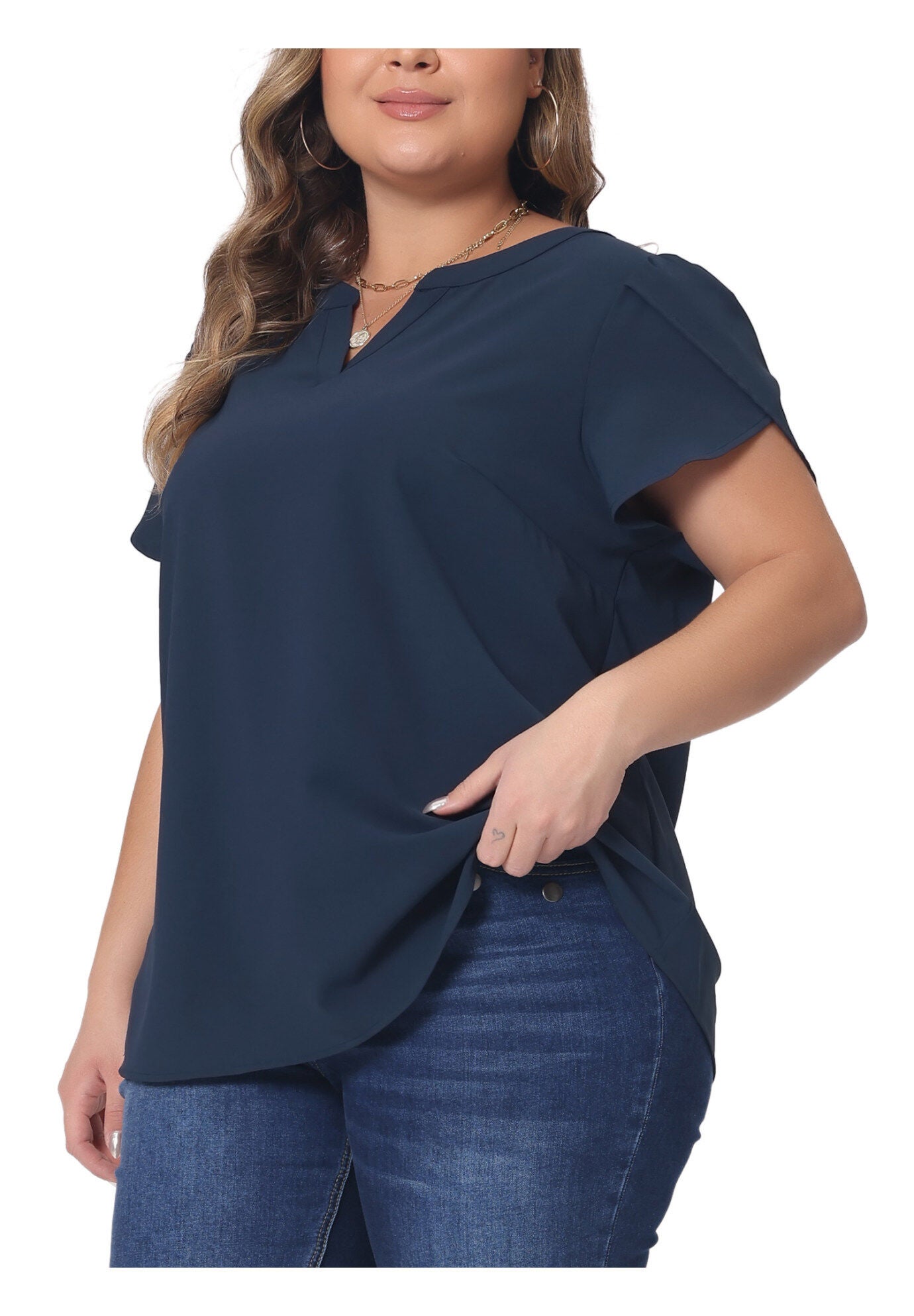Notched V Neck Short Petal Sleeve Shirt Top, Dark Blue / Navy, alternate image number 1