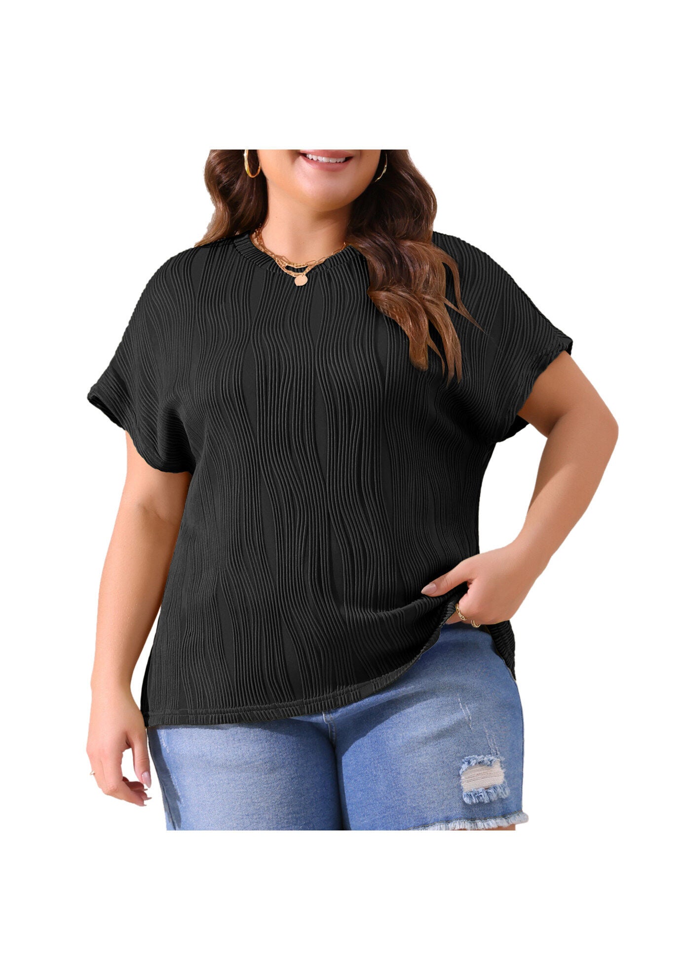 Short Sleeve Textured Top Crewneck T-Shirt, Black / Black, alternate image number 2