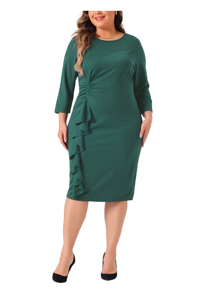 3/4 Sleeve Ruffle Midi Pencil Bodycon Cocktail Dress, Dark Green / Forest Green, alternate image number null