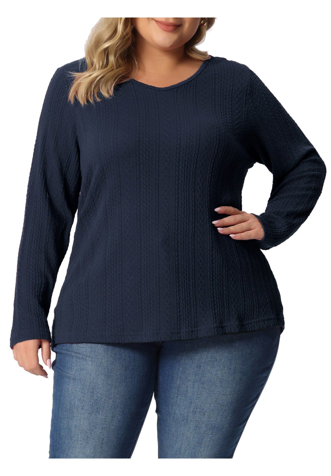 V Neck Long Sleeve Basic Knit Top Tee T-Shirt, Navy Blue / Navy, alternate image number 2