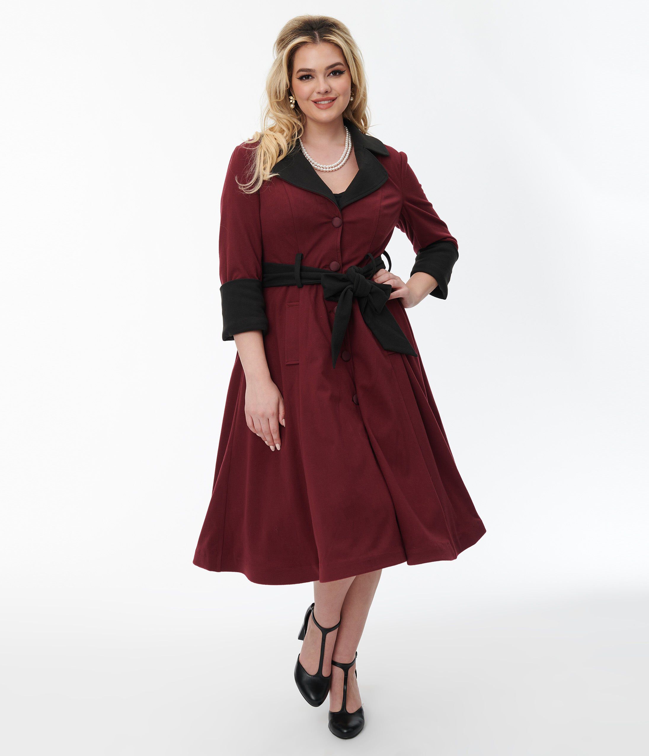 Unique Vintage Burgundy & Black Swing Coat, Burgundy  Black / Burgundy, hi-res image number 0
