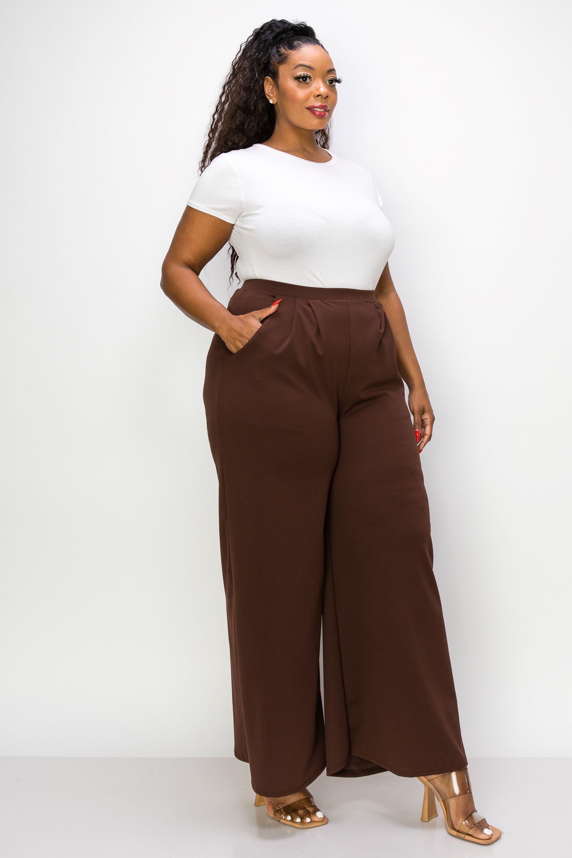 RACHEL WIDE LEG POCKET PANTS, Lt Brown / Brown, alternate image number 1