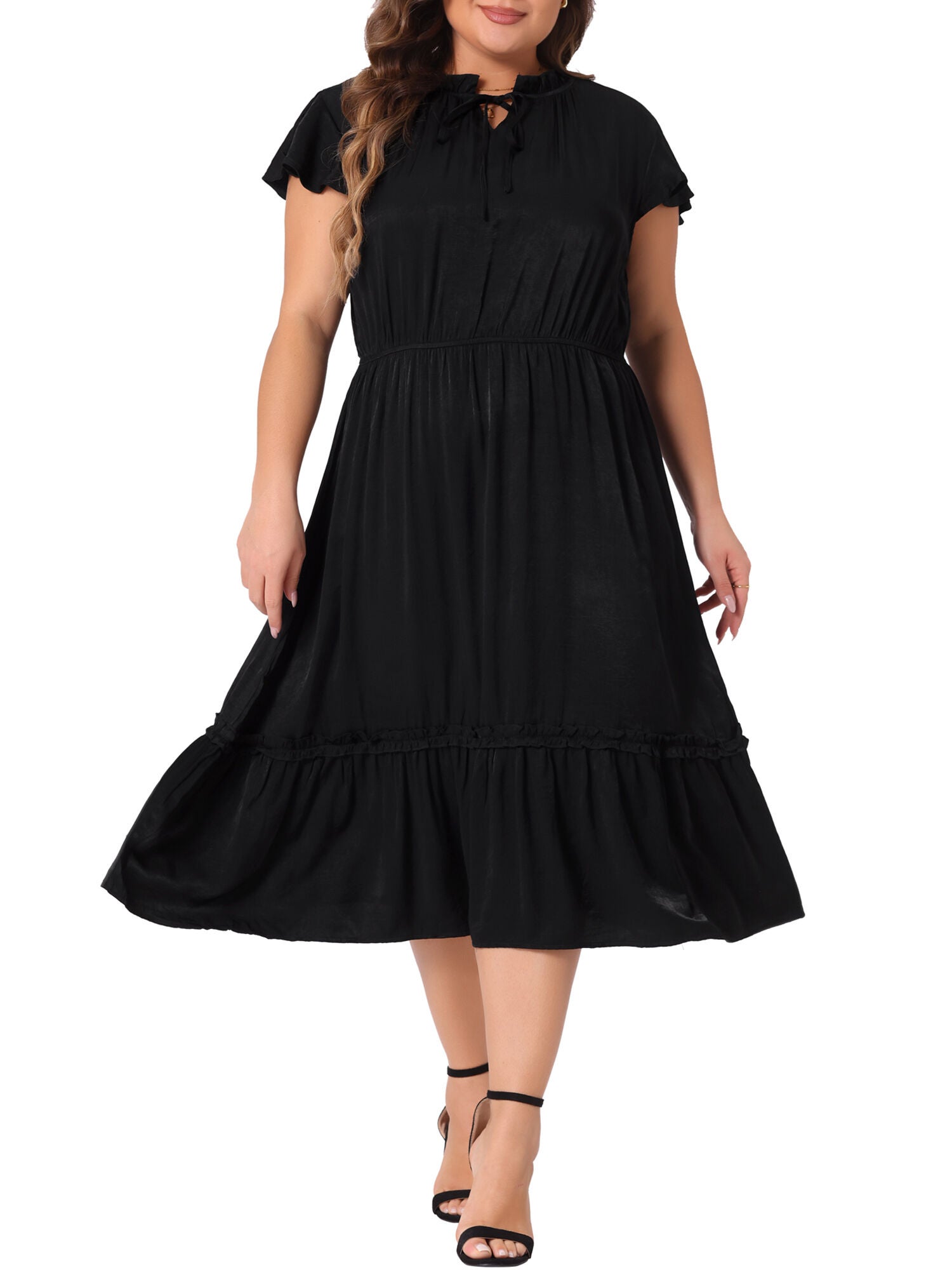 Summer Bow Tie Neck Ruffle Cap Sleeve A Line Midi Dress, Black / Black, alternate image number 1