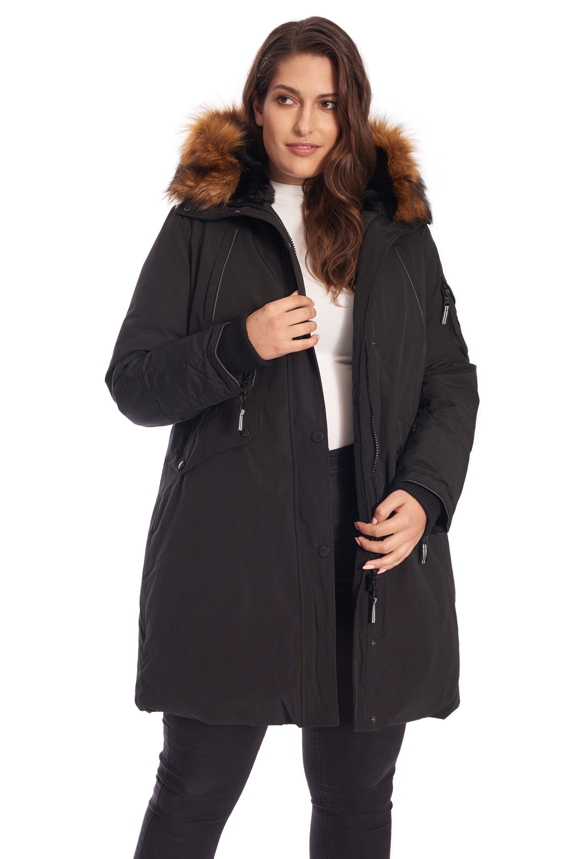 LAURENTIAN | Vegan Down Recycled Long Parka Winter With Faux Fur Hood, Black / Black, hi-res image number 0
