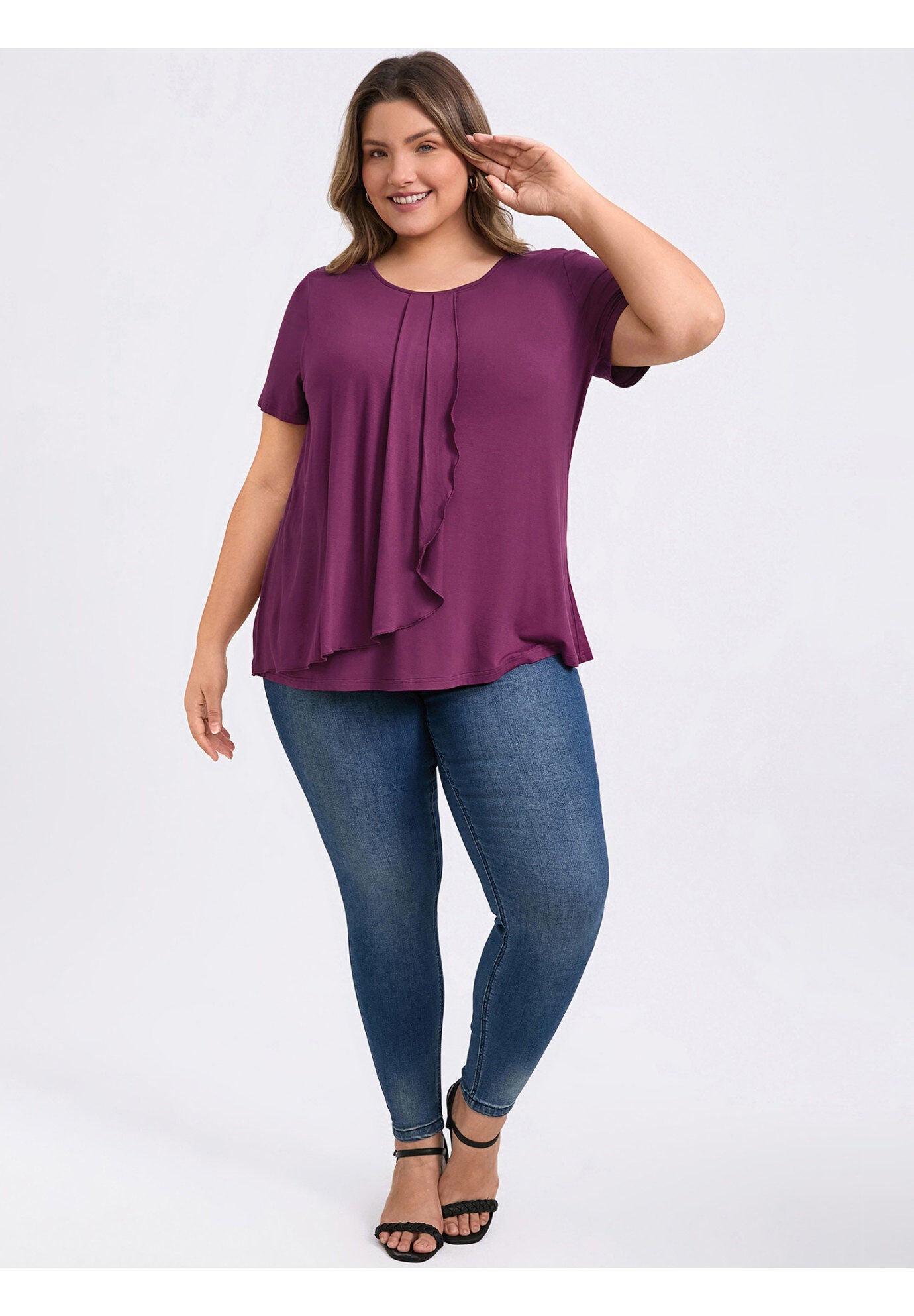 Short Sleeve Pleated Tulip Asymmetry Hem Overlaid Ruffle  Top, Deep Burgundy / Burgundy, alternate image number 1