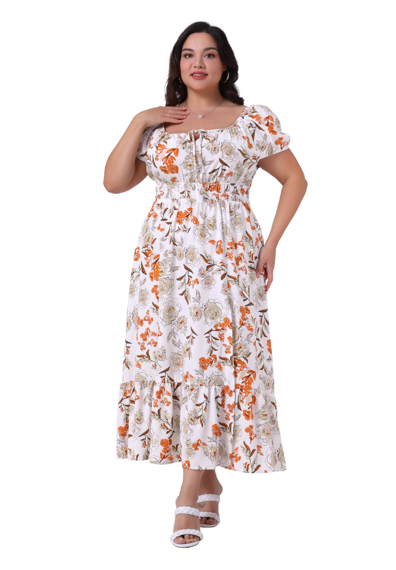 Square Neck Floral Short Sleeve Side Slit A Line Maxi Floral Dress, White / White, hi-res image number 0