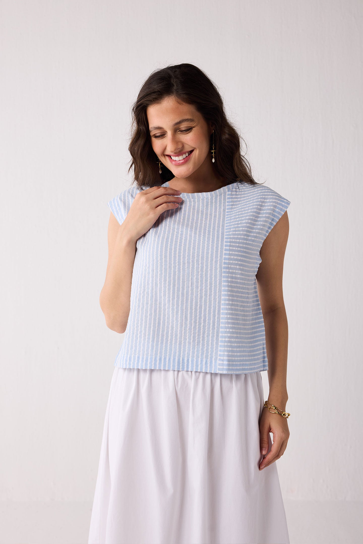 Button-Back Crew Neck Top in Blue Stripes, Cloudline / Light Blue, alternate image number 3