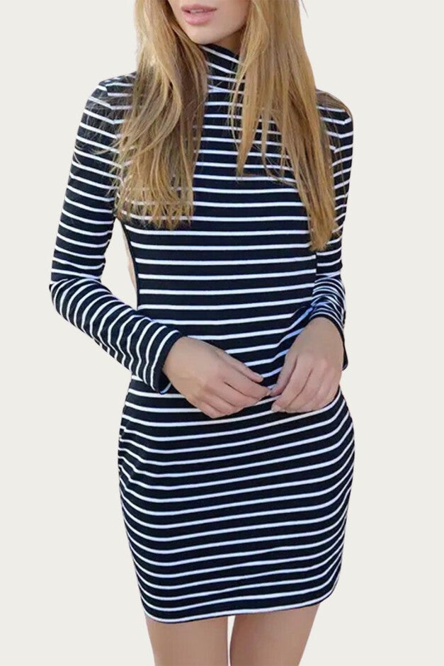OPEN-BACK TURTLENECK MINI DRESS IN BLACK STRIPE, Black Stripe / Black, alternate image number null
