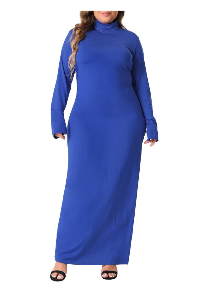 Turtleneck Long Sleeve Bodycon Long Maxi Pencil Dress, Royal Blue / Royal Blue, alternate image number null