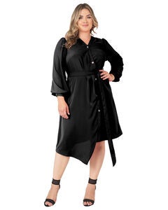 Standards & Practices Asymmetrical Hem Button-Up Wrap Lantern Sleeve Dress