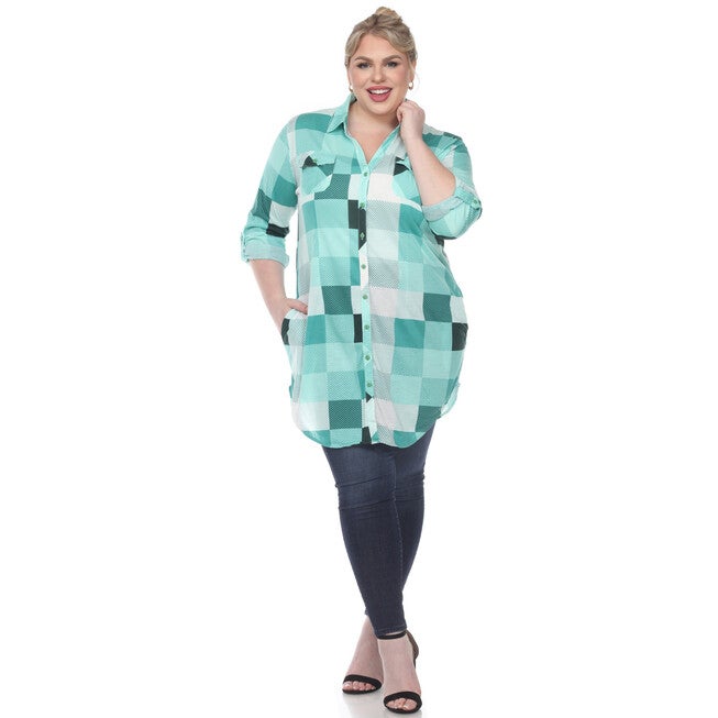 Plaid Button Down Tunic Shirt, Green White / Light Green, hi-res image number 0