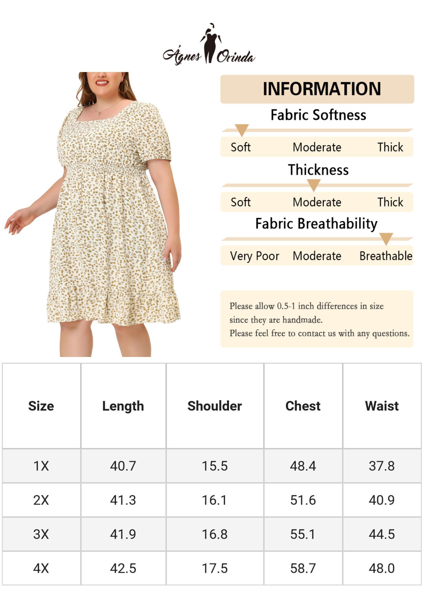 SHORT SLEEVE SQUARE NECK ELASTIC WAIST FLORAL DRESS, Apricot / Cream, alternate image number 4