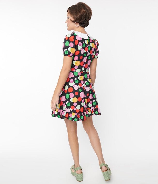 Smak Parlour Black & Rainbow Dot Smocked Fit & Flare Dress, , alternate image number null