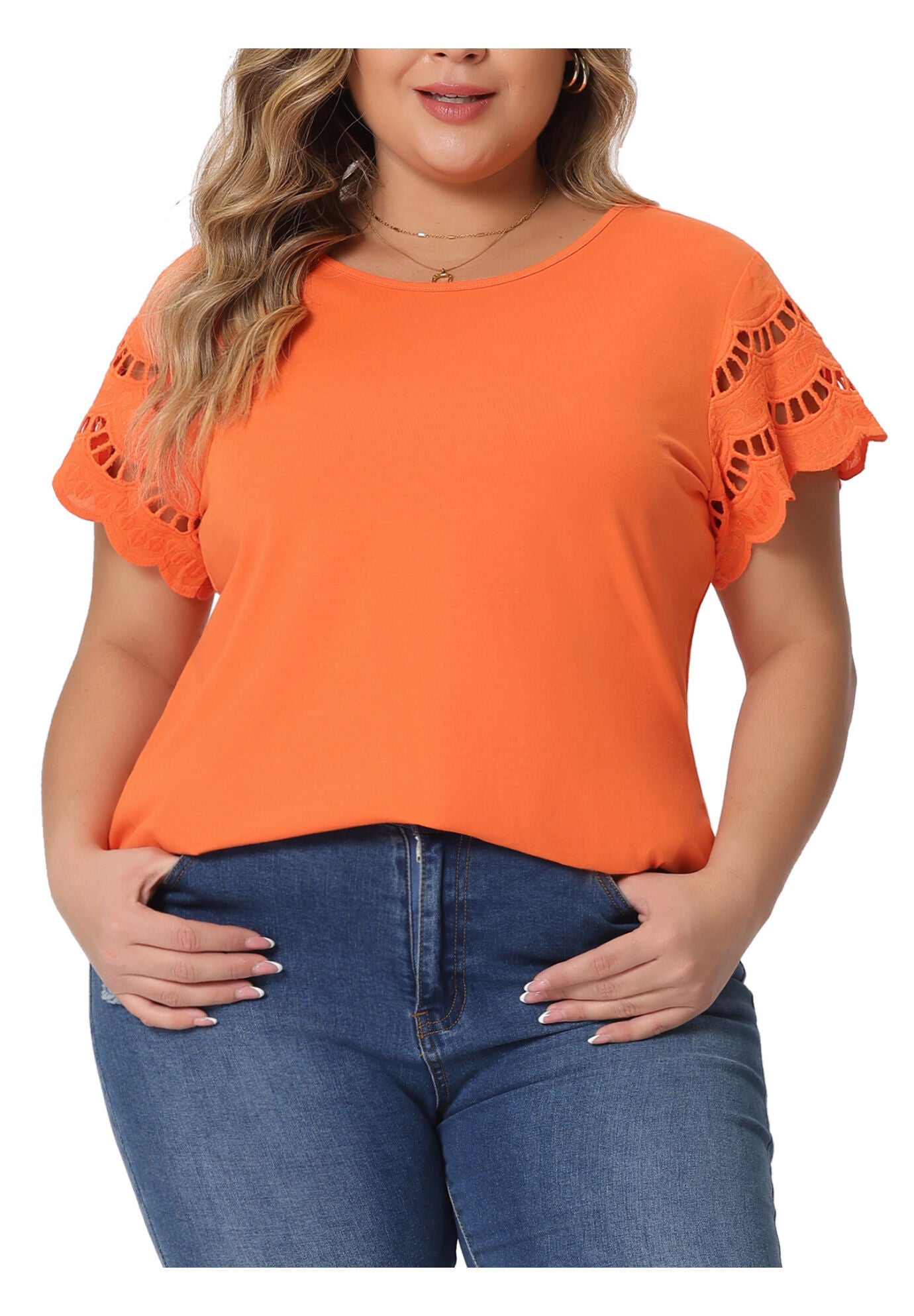 Lace Panel Hollow Short Sleeve Summer Blouse, Orange / Orange, alternate image number 2