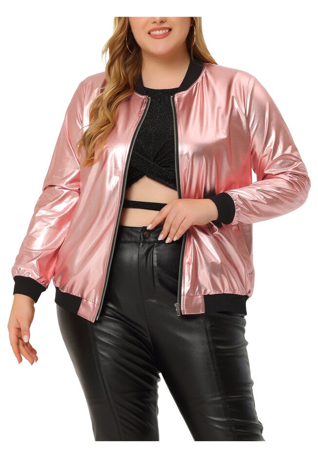 METALLIC SPARKLE HOLOGRAPHIC SHINY BOMBER JACKET, Rose Gold / Pink, alternate image number 2